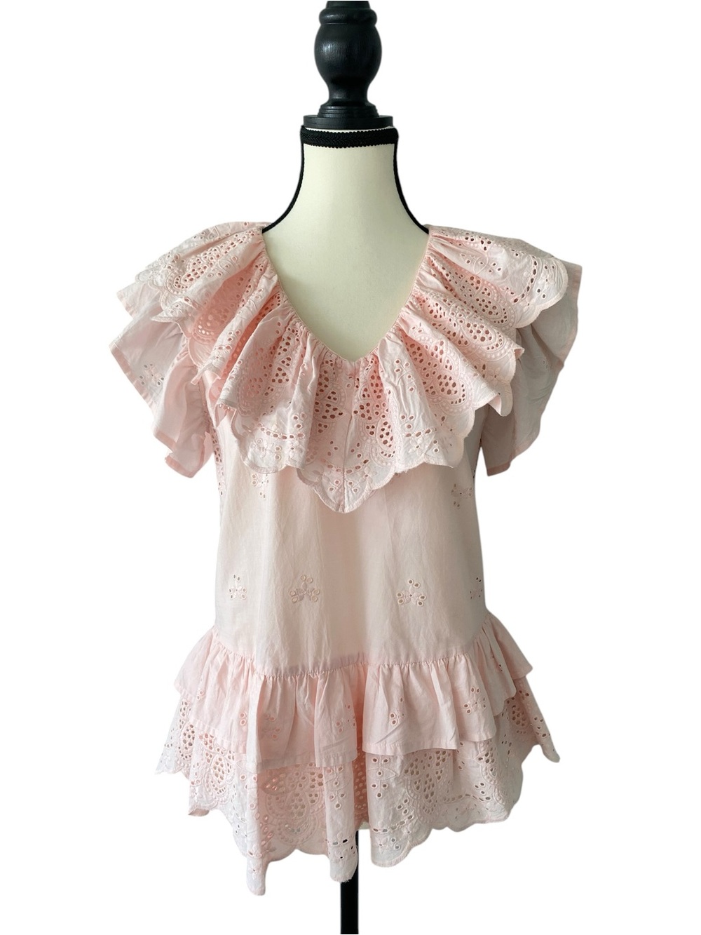 7 For All Mankind Blush Pink Cotton Eyelet Ruffle V-Neck Top Size XS